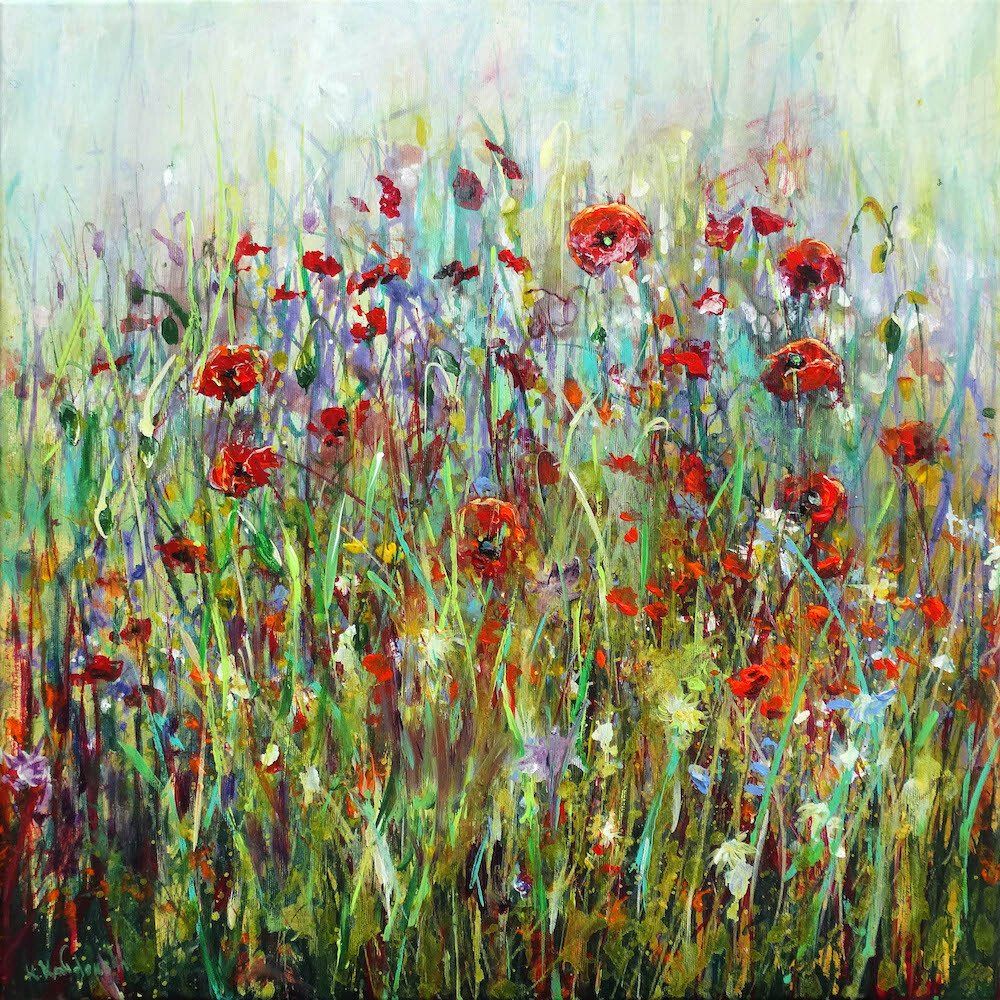 Landscape painting “Poppies” by Kasia Kaldowski — acrylic on canvas, 60 × 60 cm