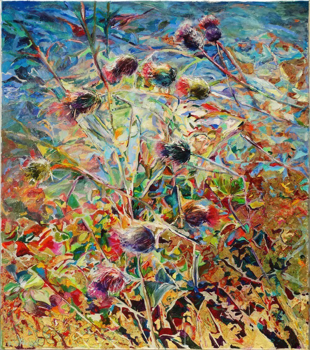 Landscape painting “Thistle” by Kasia Kaldowski — acrylic and metal leaf on canvas, 80 × 70 cm