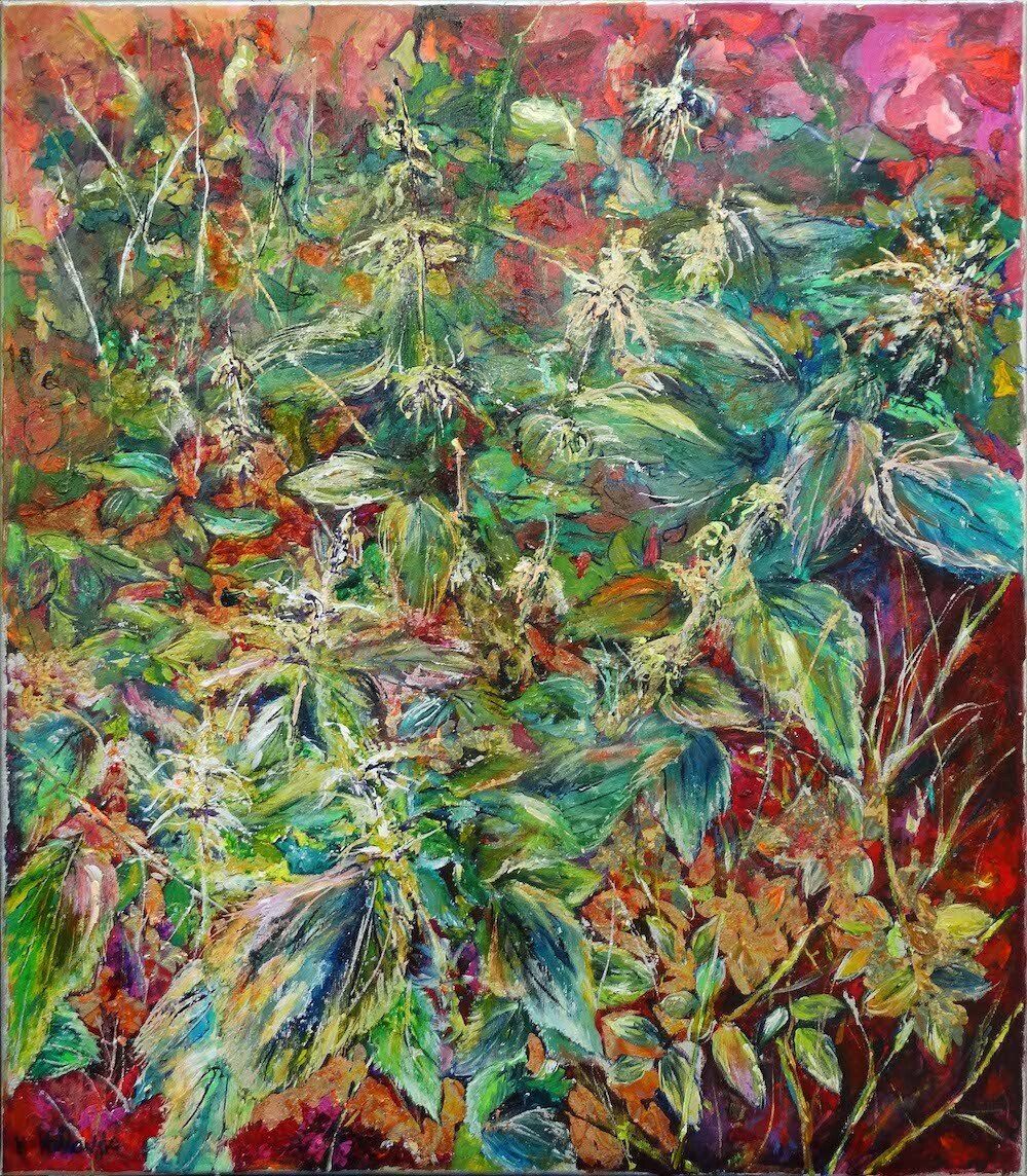 Nature painting of nettle “Wild and Beautiful” by Kasia Kaldowski — acrylic & metal leaf on canvas, 80 × 70 cm