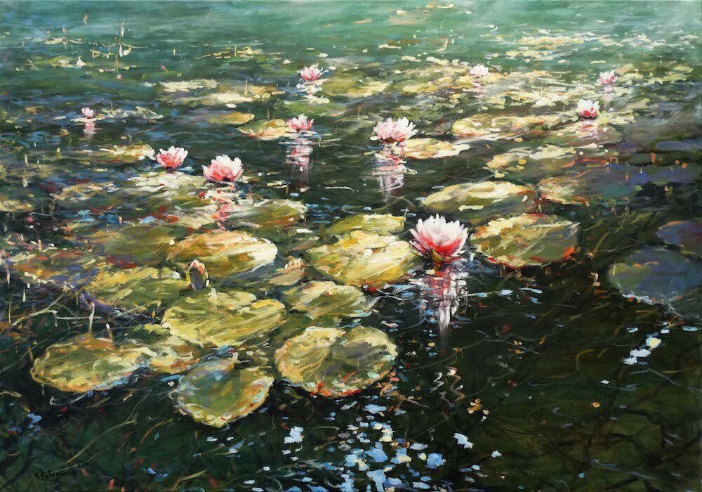 Landscape painting “Pond Life” by Mariusz Kaldowski — acrylic on canvas, 70 × 100 cm