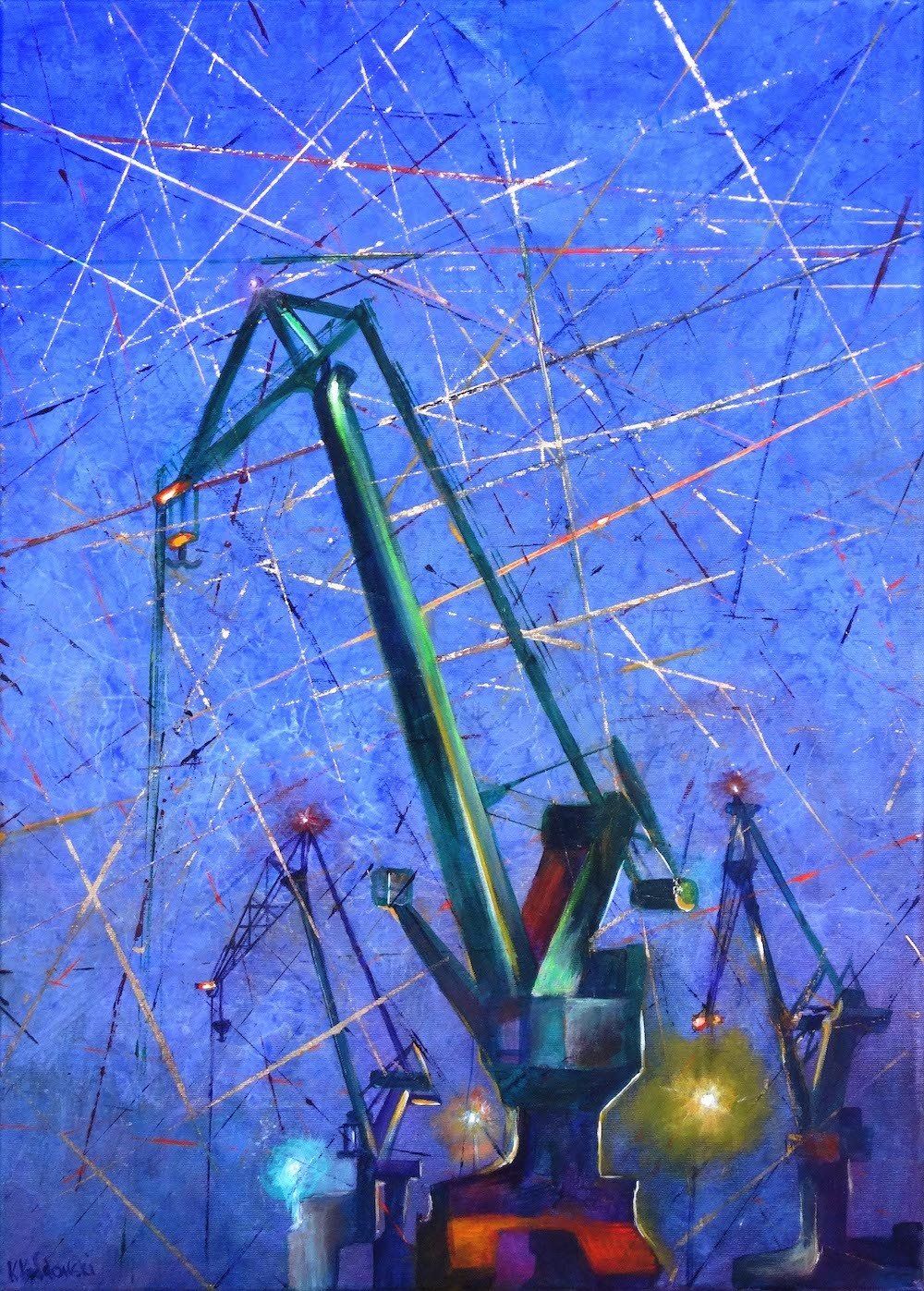 Painting by Kasia Kaldowski of cranes at Gdansk docks.