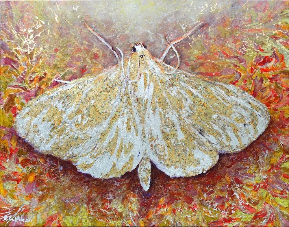 Metal Leaf painting of a moth by Kasia Kaldowski.