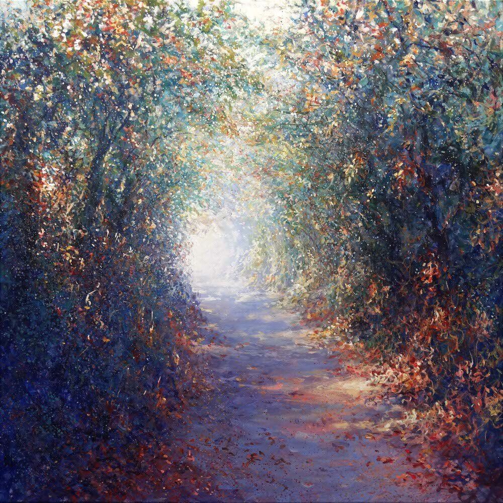 Landscape painting “Secret Lane” by Mariusz Kaldowski — acrylic on canvas, 100 × 100 cm