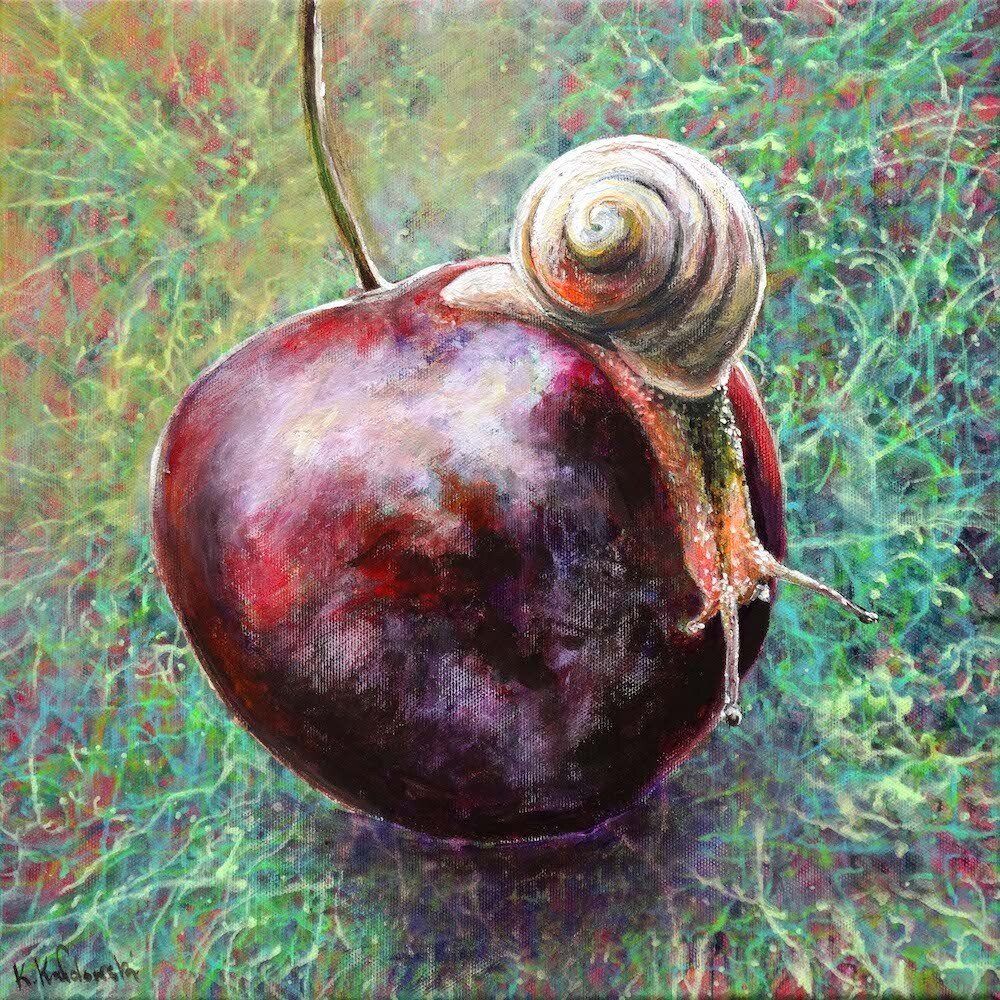 Painting by Kasia Kaldowski  of a snail and a cherry.