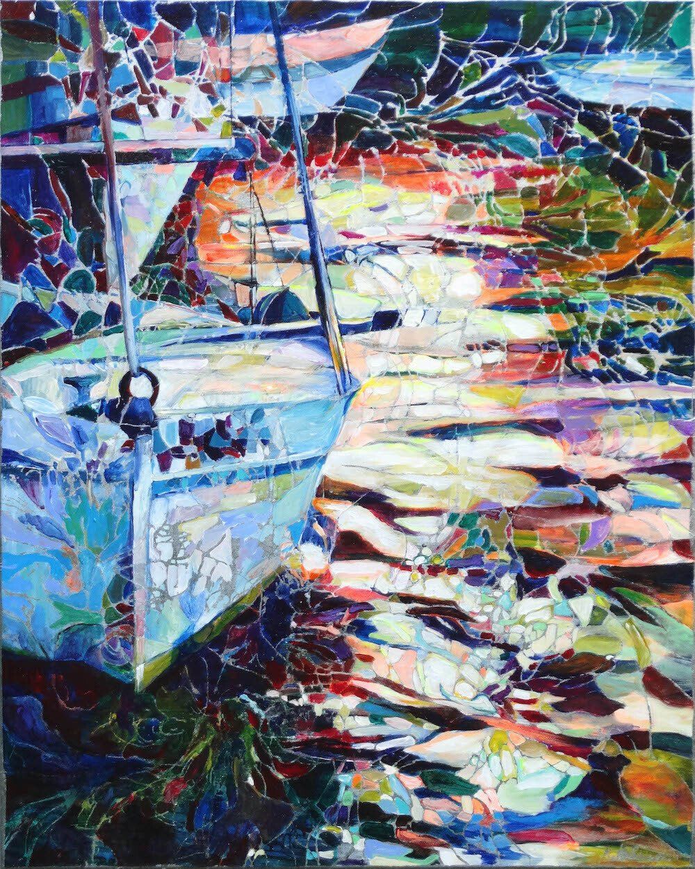 Painting by Kasia Kaldowski of small sailing boats at sunset.