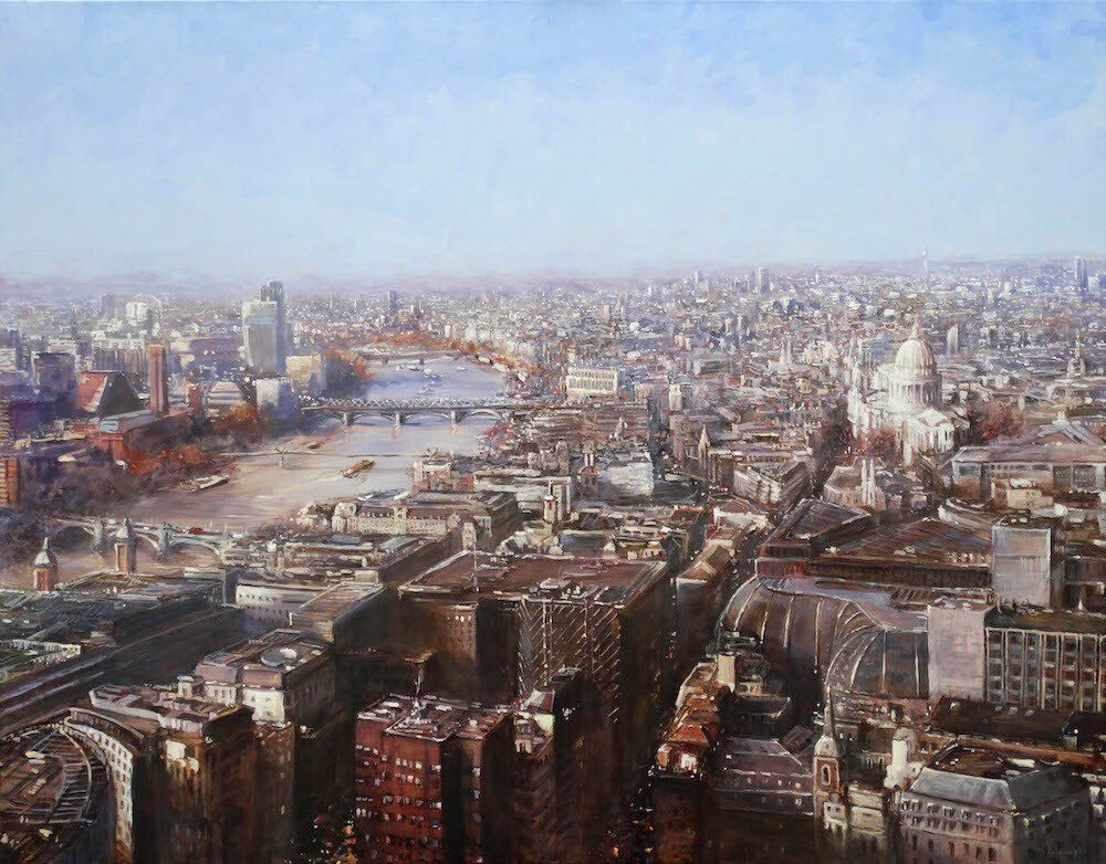 London View from Sky Garden — cityscape painting by Mariusz Kaldowski, blending skyline and greenery.