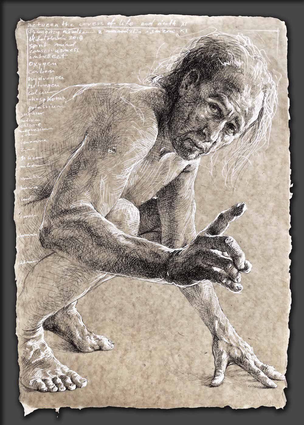 Figure study drawing in pen and ink of a crouching naked man by Mariusz Kaldowski