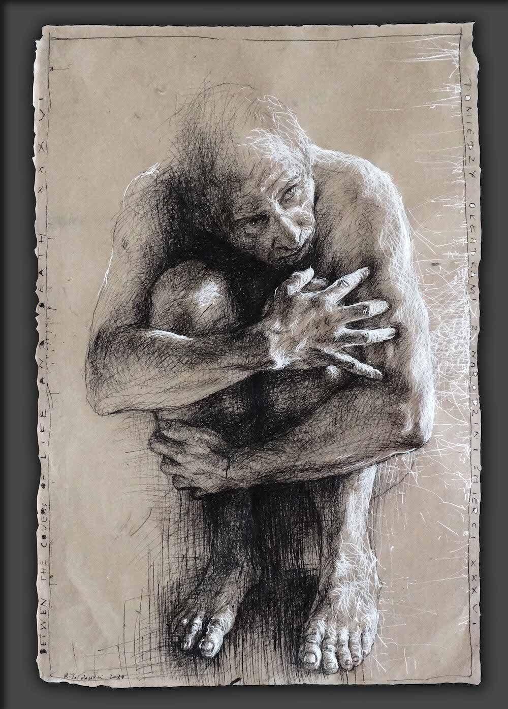 Figure study drawing in pen and ink of a crouching naked man by Mariusz Kaldowski