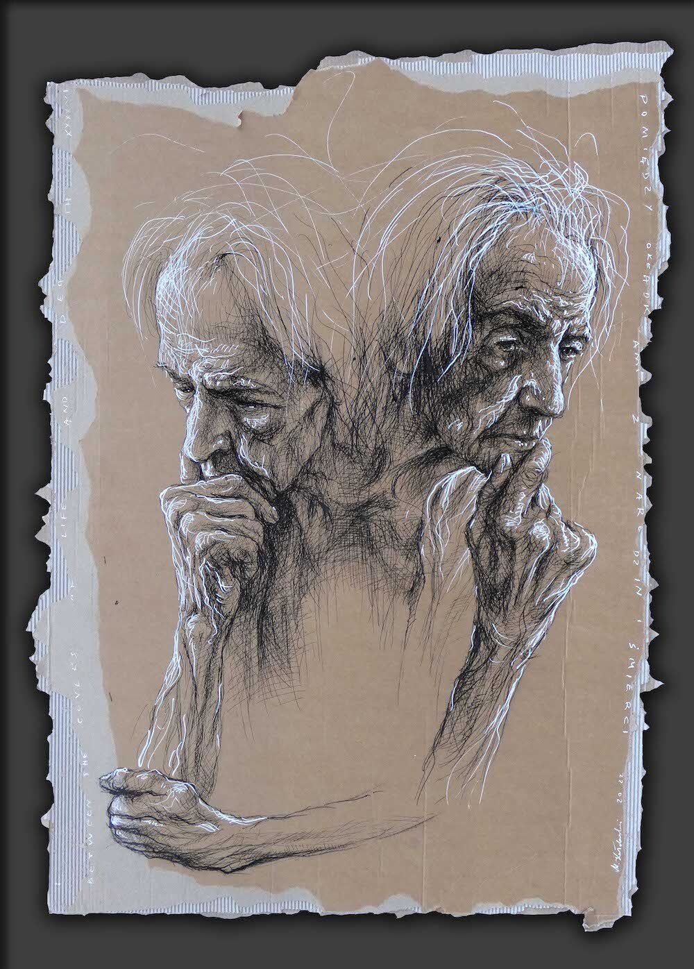 Expressive portrait sketch of an older woman by Mariusz Kaldowski