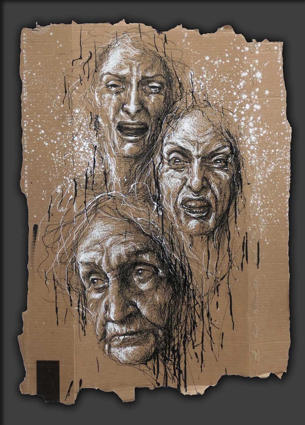 Expressive portrait sketch of older women shouting by Mariusz Kaldowski