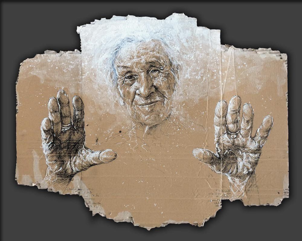 Expressive portrait of an older woman with palms in front by Mariusz Kaldowski