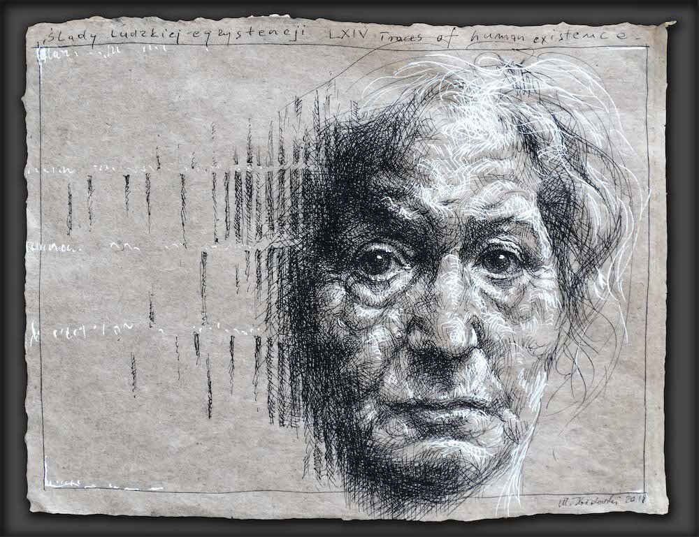 Expressive portrait sketch of an older woman by Mariusz Kaldowski