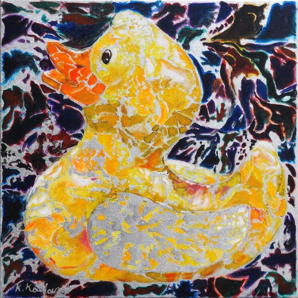 Duck Duck by Kasia Kaldowski — stylised rubber duck portrait, acrylic on canvas.