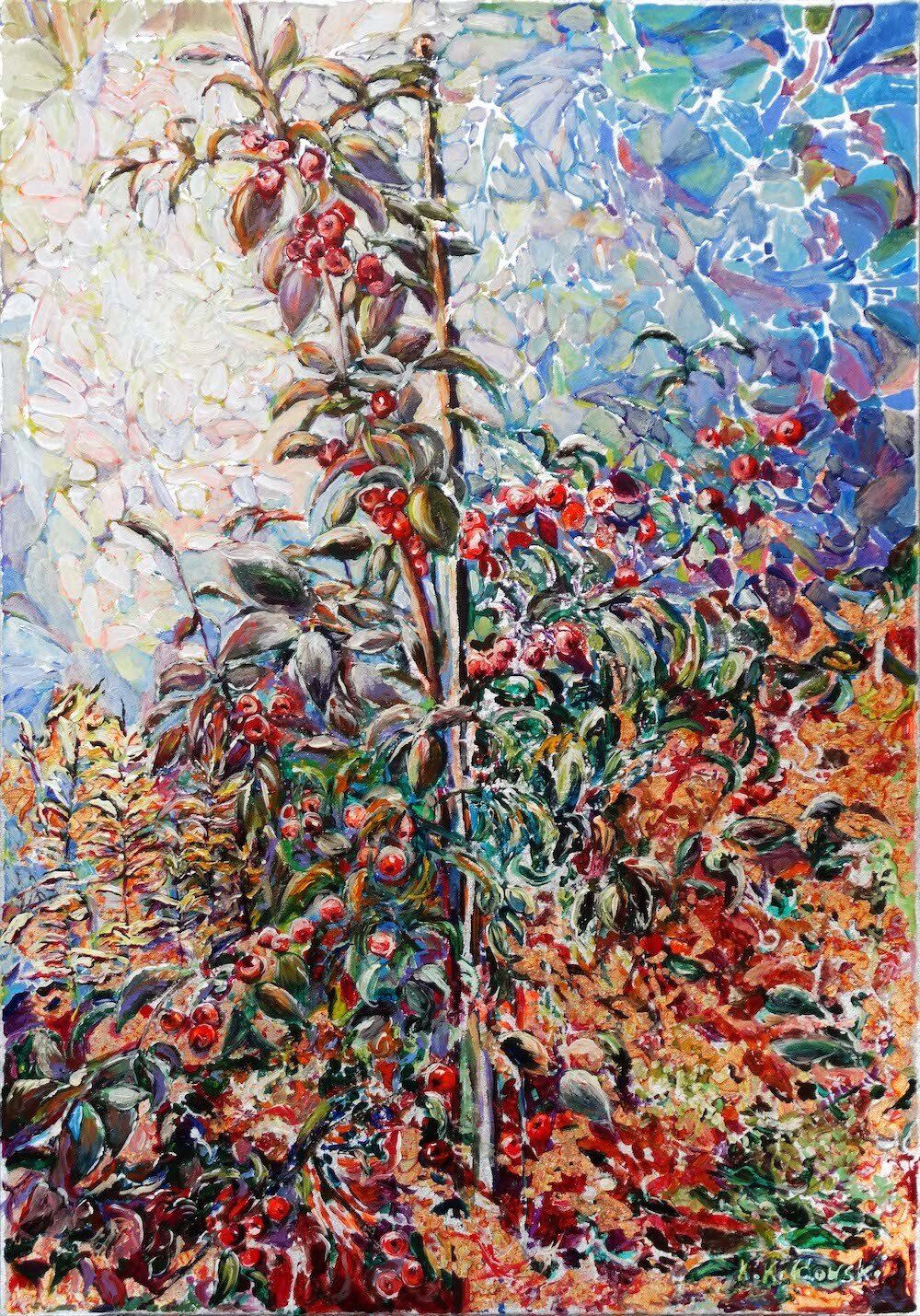 Garden painting “Crab Apple Tree” by Kasia Kaldowski — acrylic and metal leaf on canvas, 100 x 70 cm