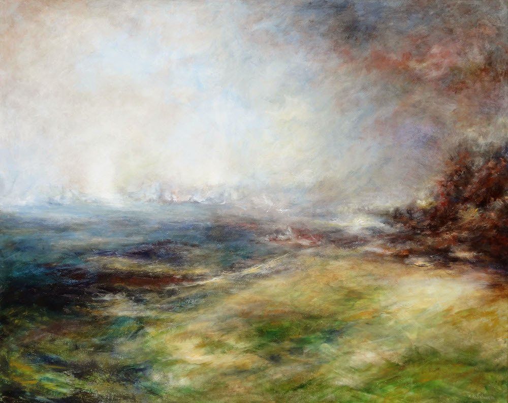 Expansive horizon with distant port, modern skyscape by Kasia Kaldowski.