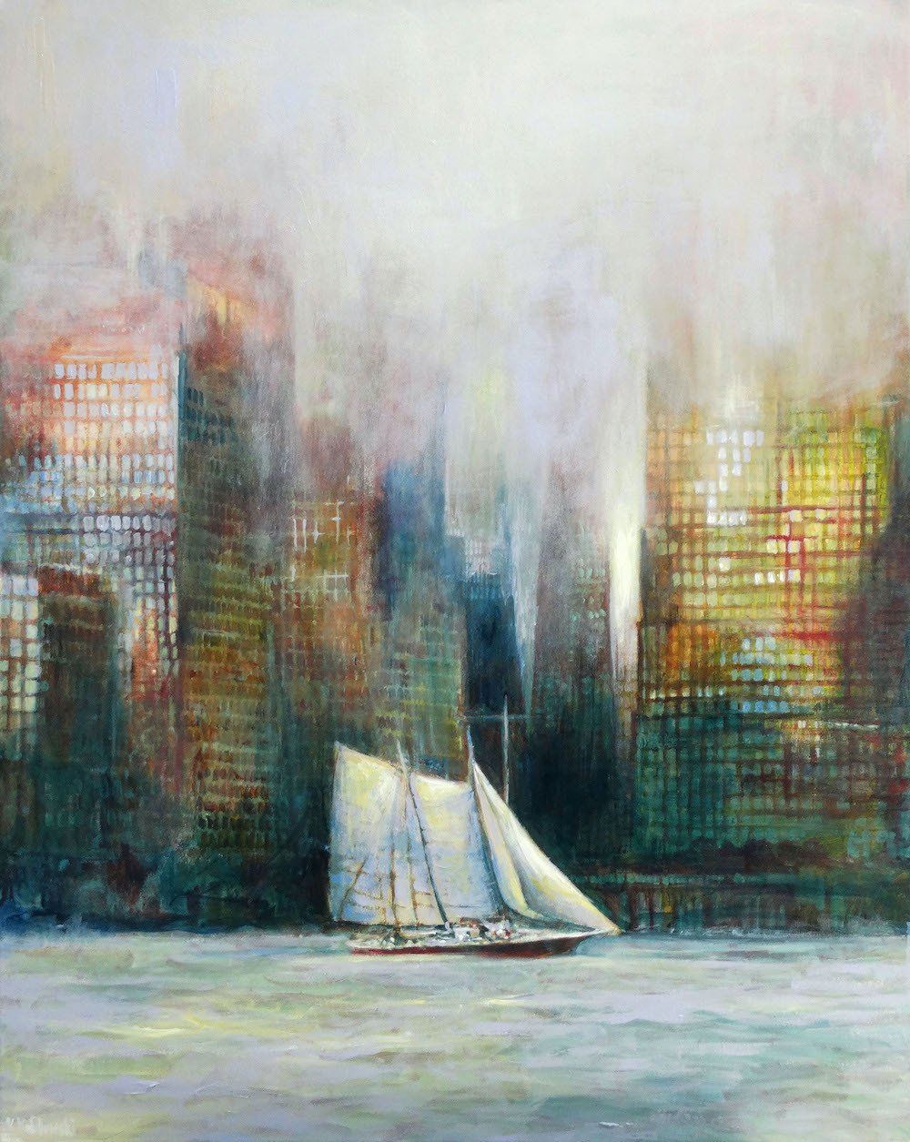 Painting by Kasia Kaldowski of a sail boat in New York harbour in mist.