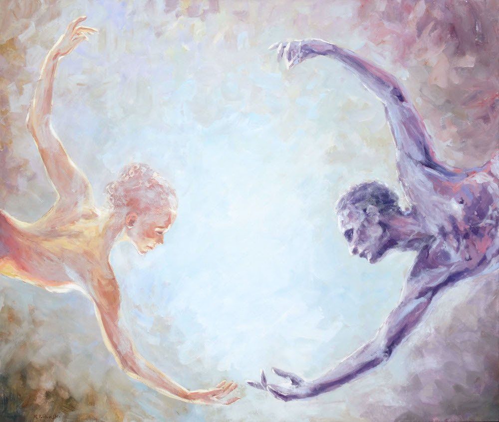 In Between 3 — nude ballet dancers, dynamic figurative scene by Mariusz Kaldowski.