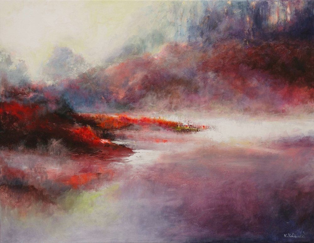 Misty landscape painting “Morning Impressions” by Kasia Kaldowski — acrylic on canvas, 70 × 90 cm