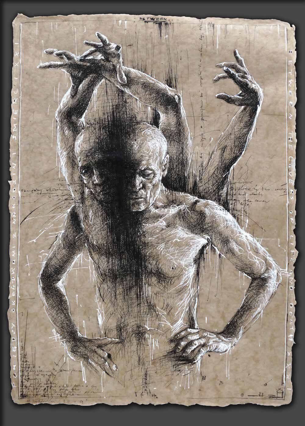 Pen and ink drawing of a standing male  figure with many hands by Mariusz Kaldowski