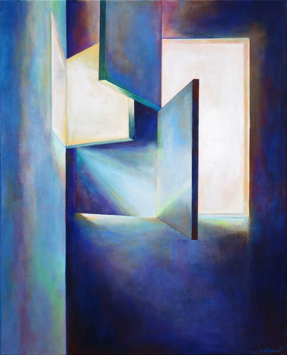 Contemporary abstract artwork by Kasia Kaldowski — layered blue and purple acrylic composition suggesting open windows.