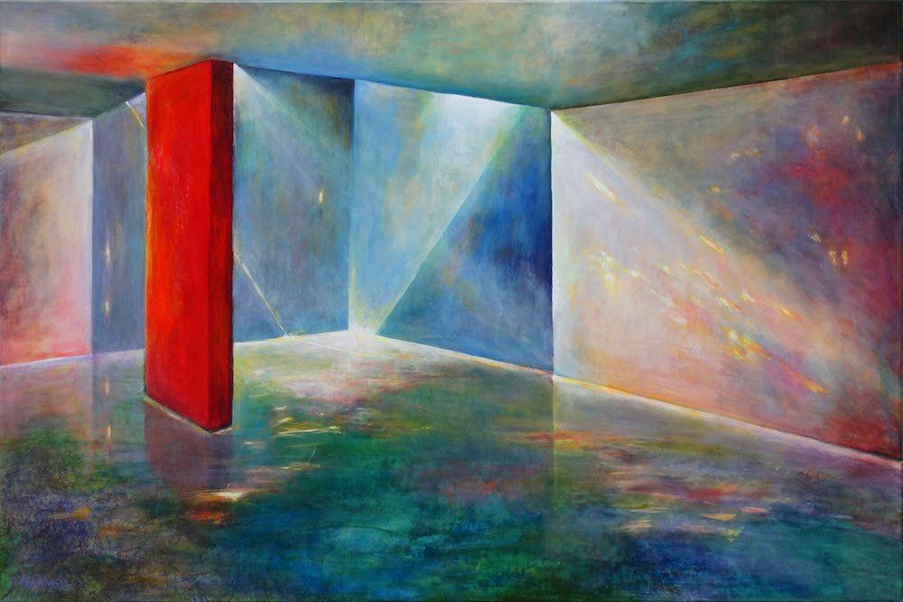 Abstract contemporary painting by Kasia Kaldowski — interplay of blue with red column in architectural interior.