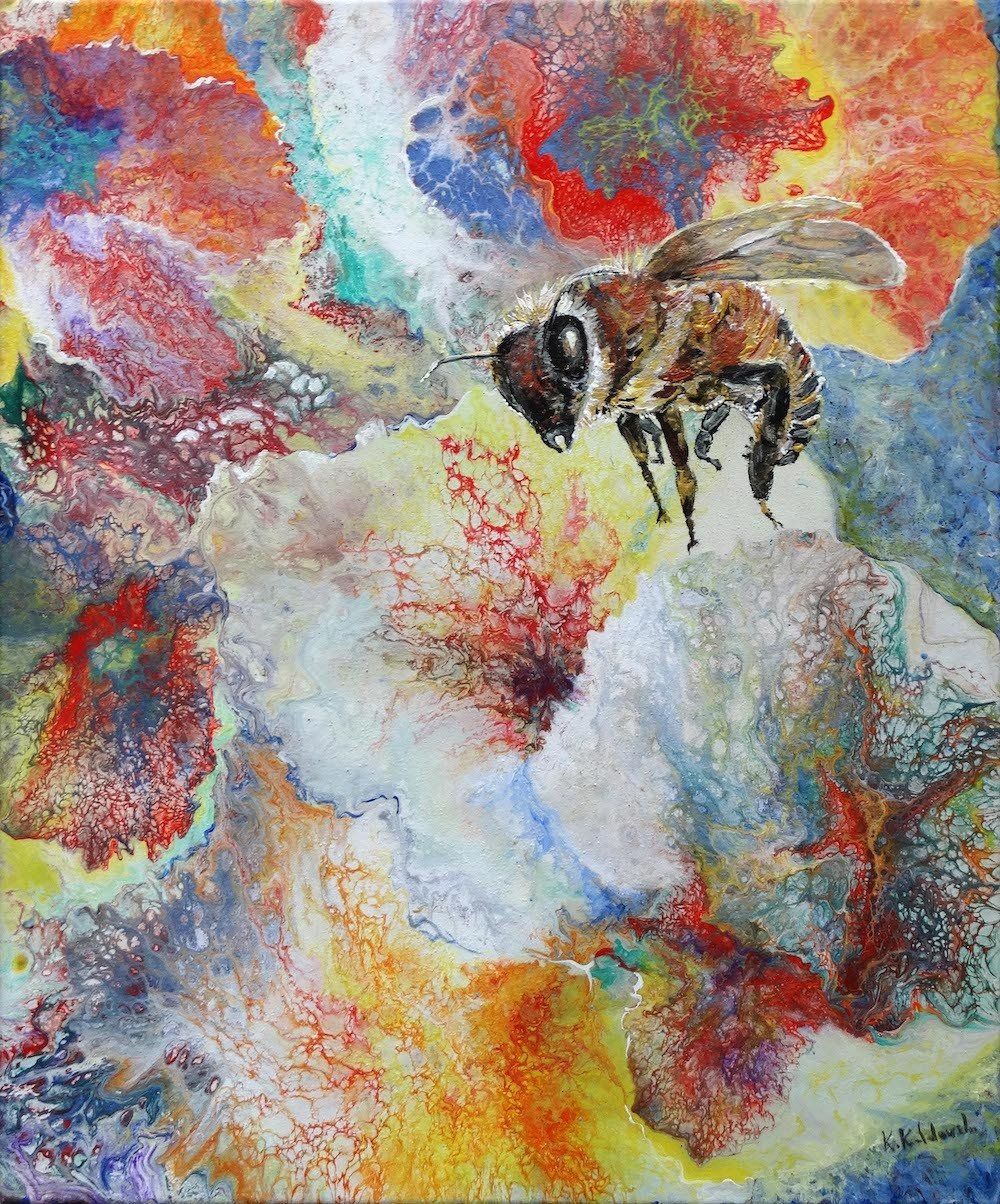 Bee in flight over acrylic pouring background — painting by Kasia Kaldowski.