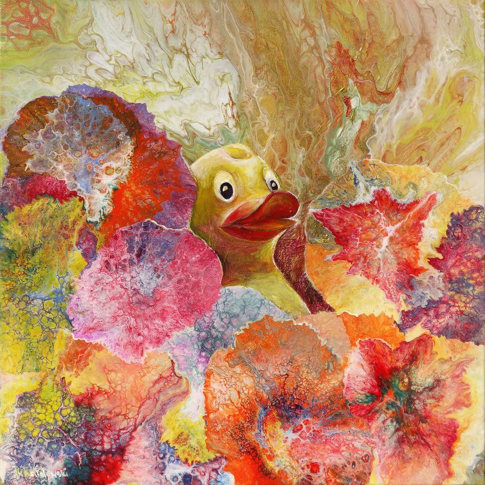 Rubber duck peeking from an acrylic pouring surface — ‘Hide & Seek’ painting by Kasia Kaldowski.