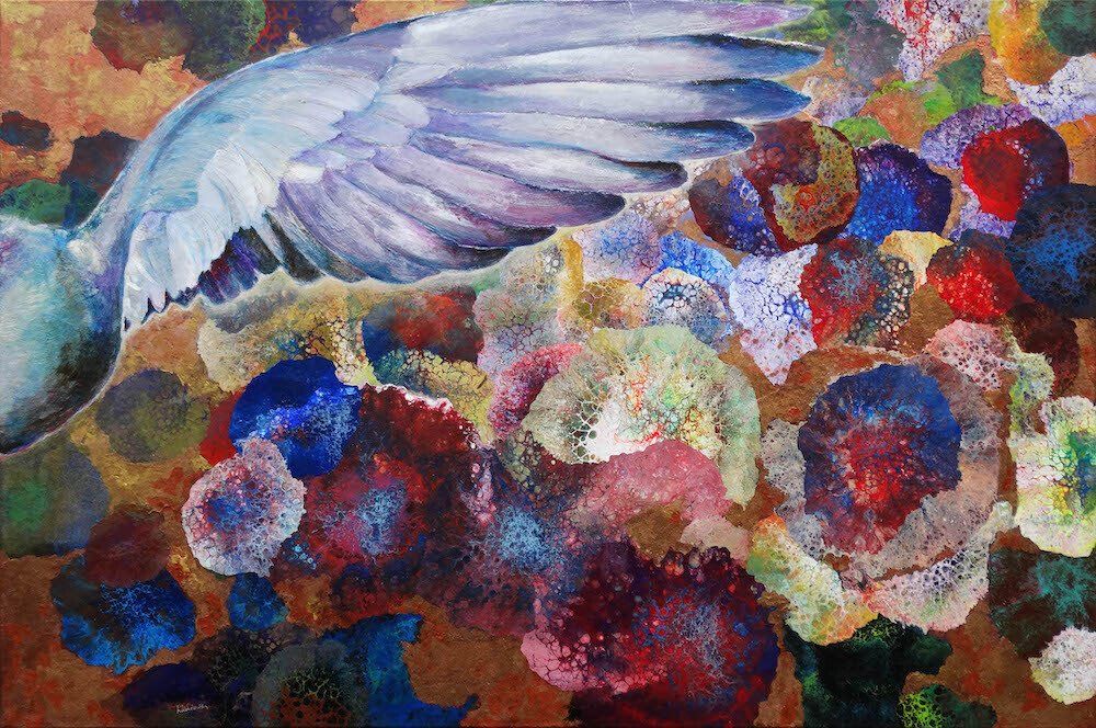 White dove wing across an acrylic pouring sky — ‘Dove’ painting by Kasia Kaldowski.