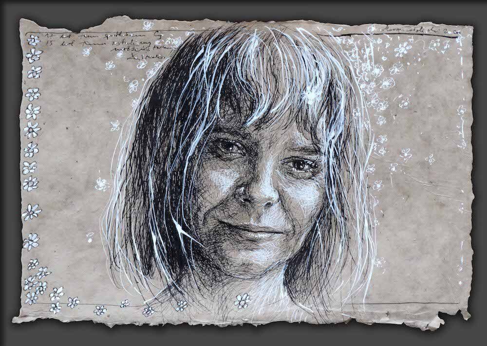 Expressive portrait drawing in pen and ink of a young woman by Mariusz Kaldowski