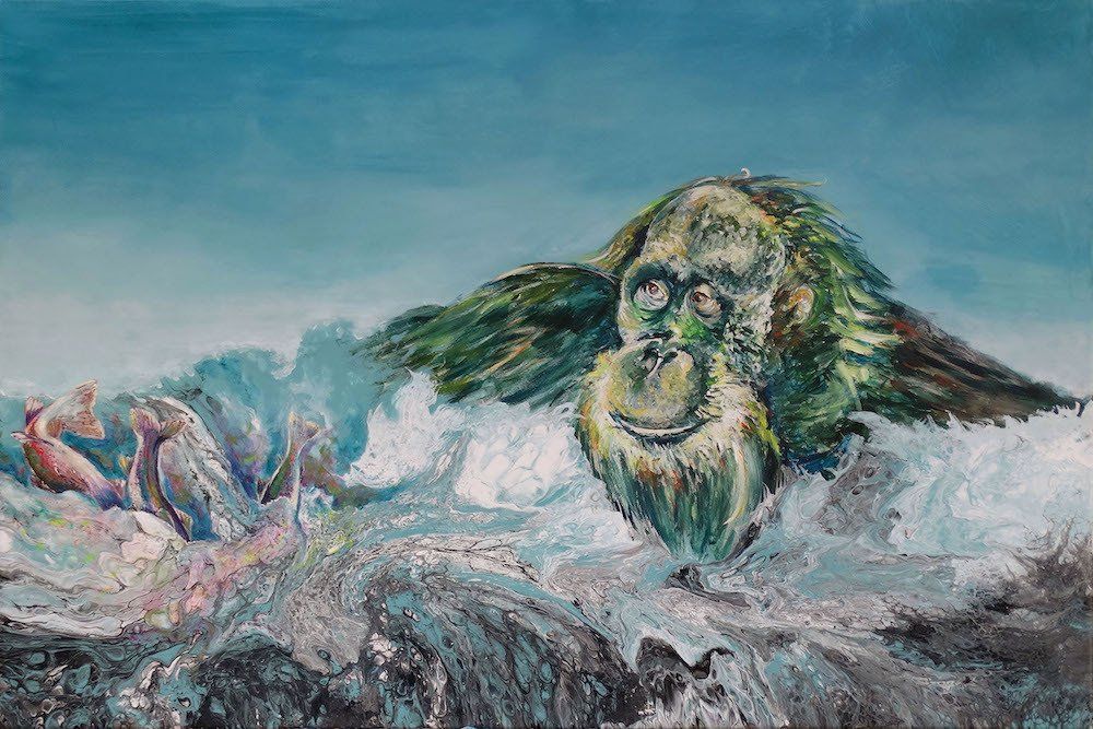 Green orangutan with three rainbow-trout tails over acrylic pouring background — painting by Kasia Kaldowski.