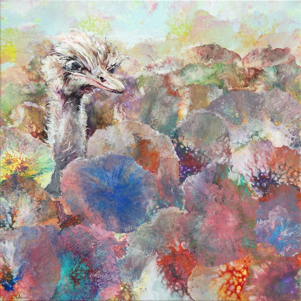 Emu portrait painted over acrylic pouring background — painting by Kasia Kaldowski.