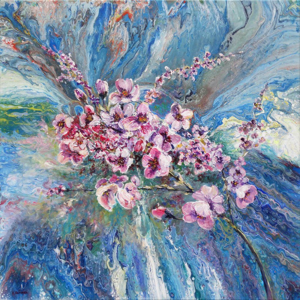 Cherry blossom branches against acrylic pouring background — ‘Spring’ painting by Kasia Kaldowski.