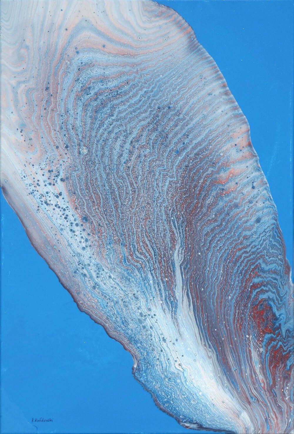 Clam shell with pearl tones over acrylic pouring background — ‘Clam’ painting by Kasia Kaldowski.