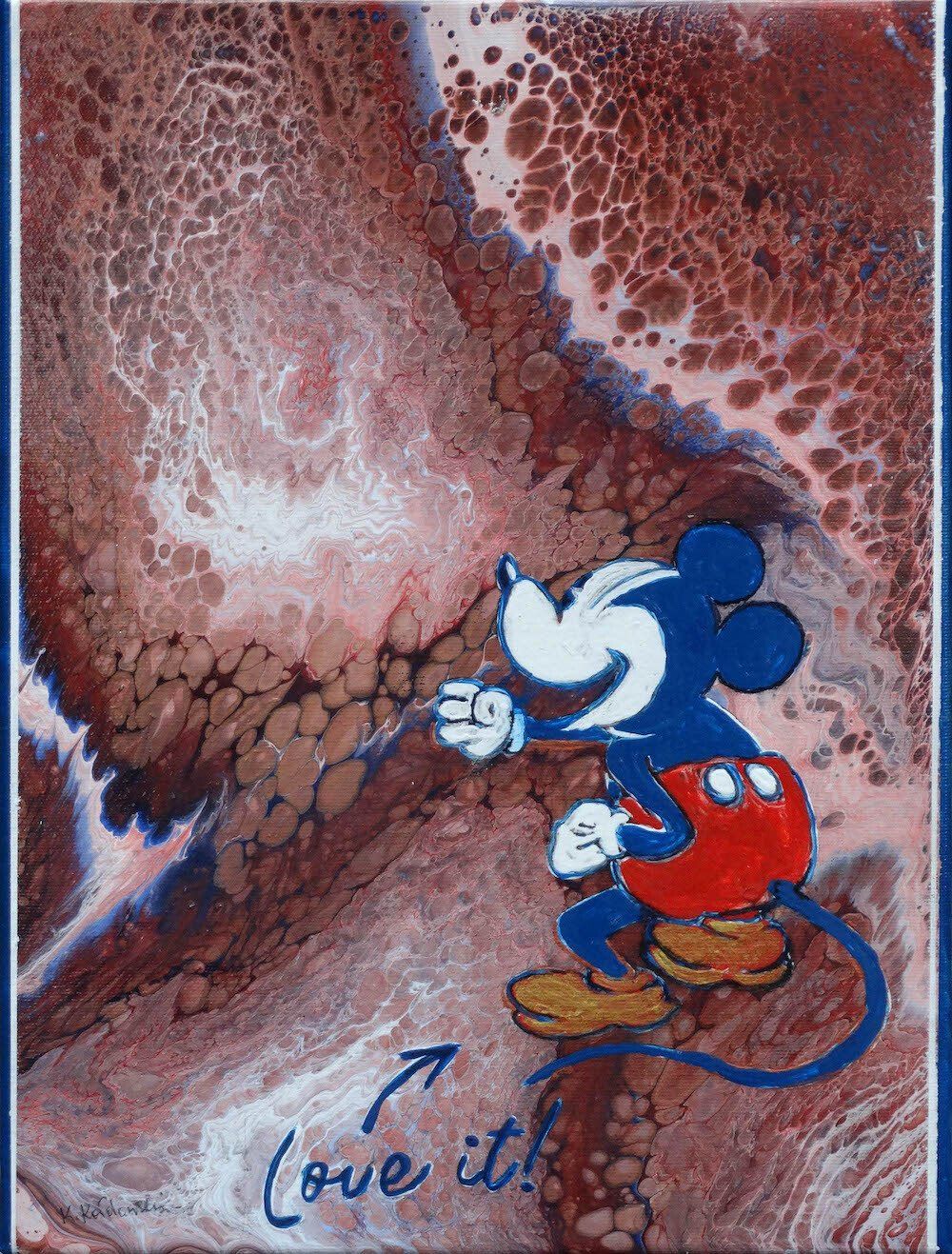 Mickey Mouse figure over acrylic pouring background — ‘Love It!’ painting by Kasia Kaldowski.
