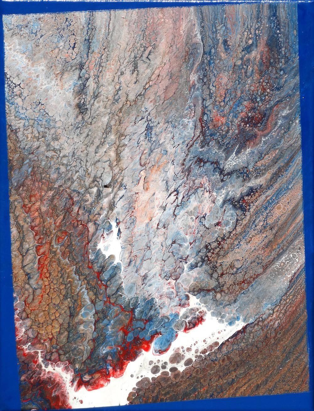 Acrylic pouring abstract in blue and turquoise — ‘Blue Lagoon’ by Kasia Kaldowski.