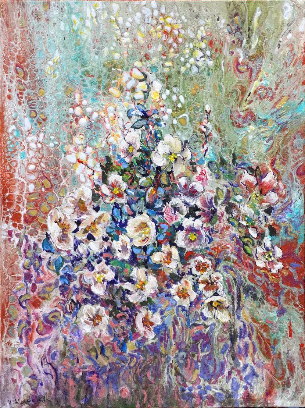 Winter rose blooms layered over acrylic pouring background — painting by Kasia Kaldowski.