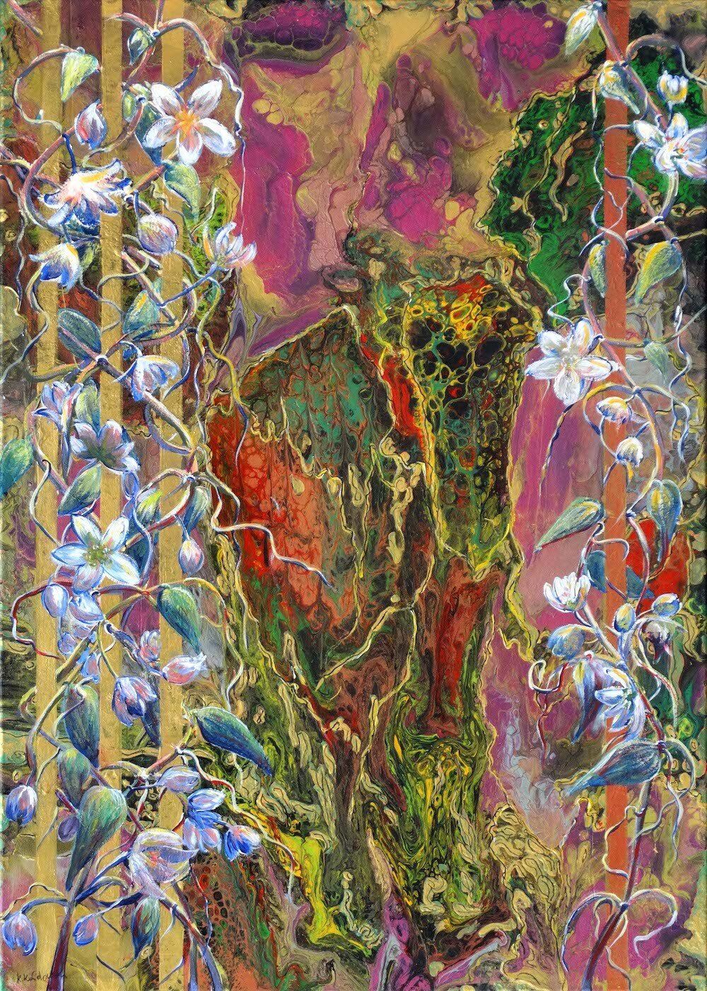 Abstract tulips over acrylic pouring background — ‘Belle Epoque’ painting by Kasia Kaldowski.