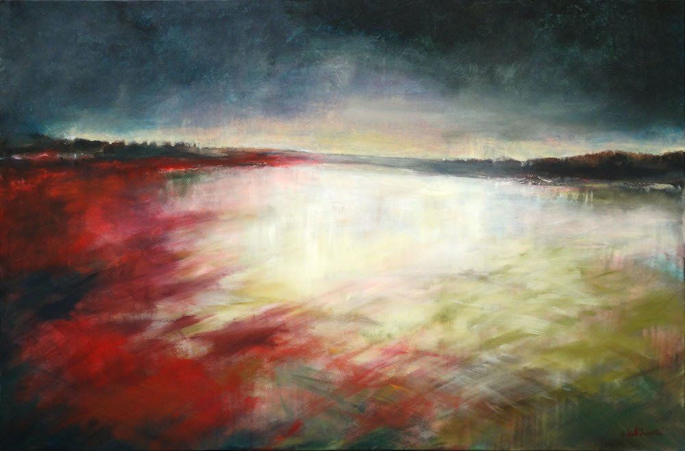 Abstract landscape painting “Glow” by Kasia Kaldowski — acrylic on canvas, 100 x 150 cm