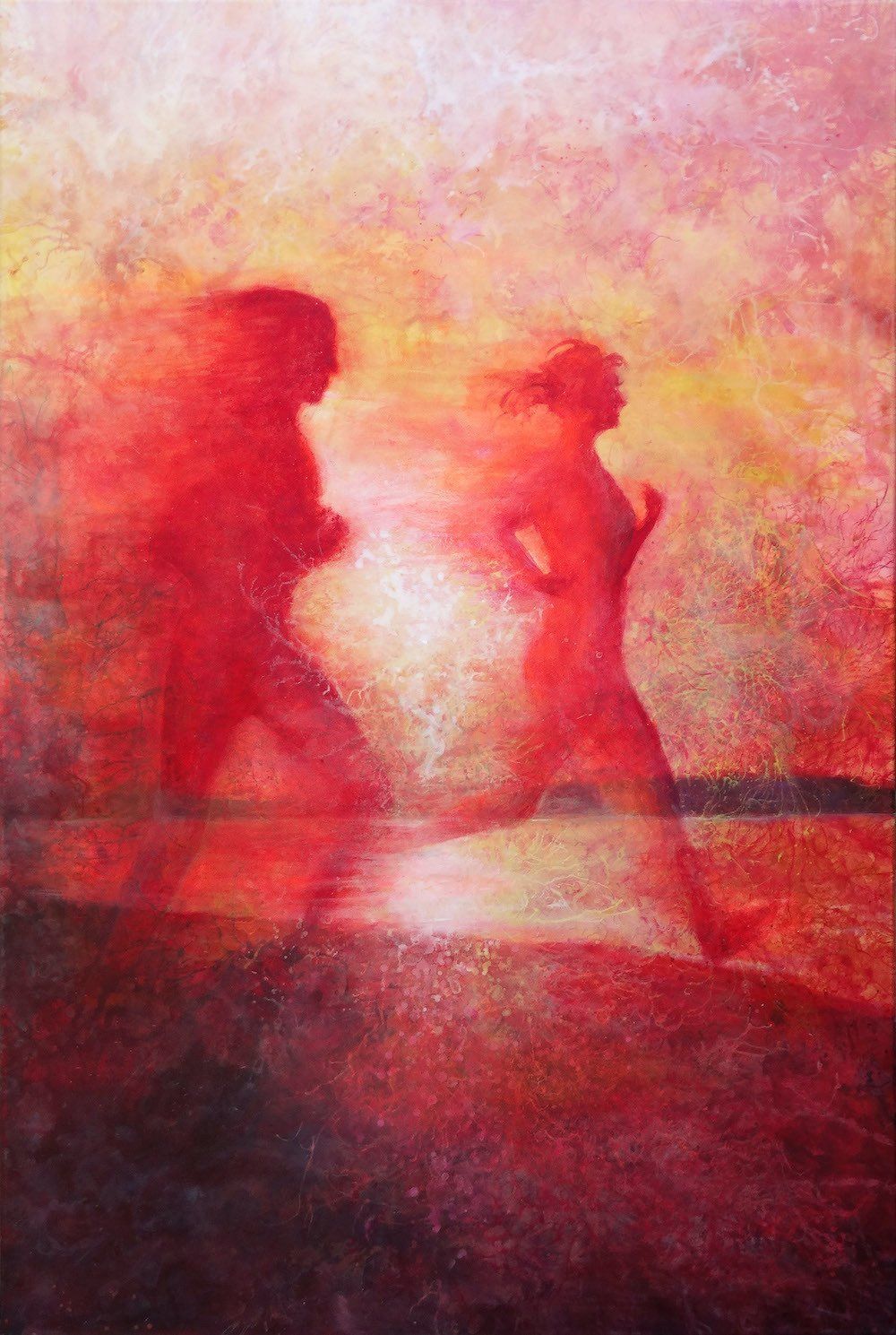 Run by Kasia Kaldowski — two figures running on beach, expressive figurative painting.