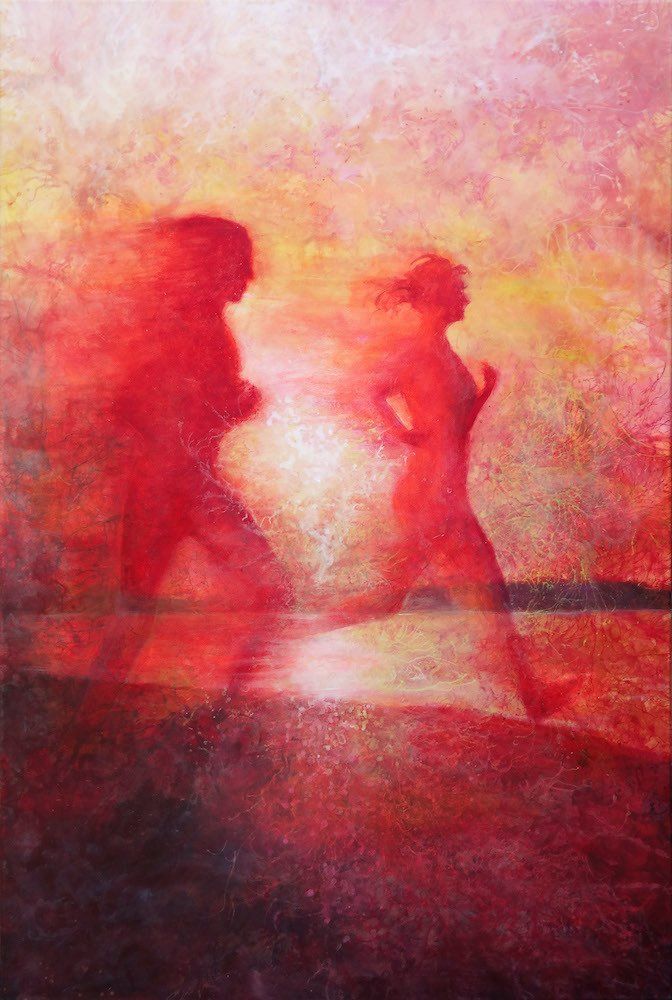 Run by Kasia Kaldowski — two figures running along a shoreline in red light, acrylic on canvas.