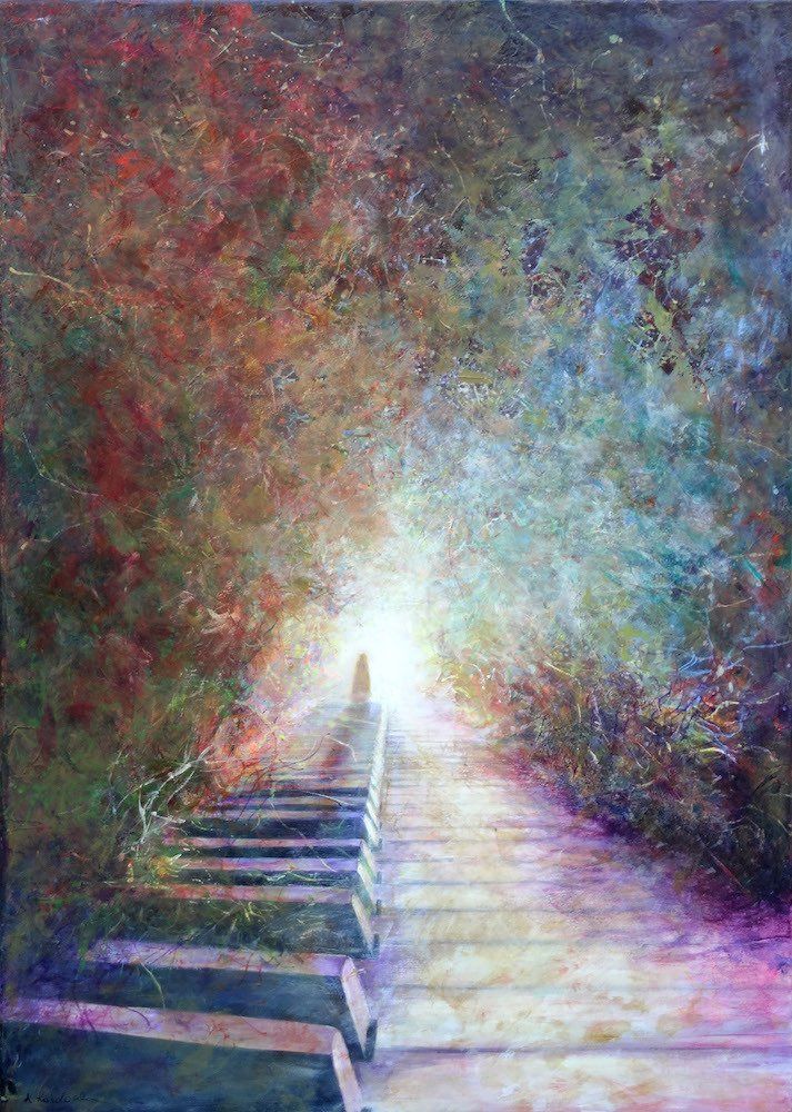 Waldszenen by Kasia Kaldowski — forest path formed like piano keys with a distant figure, acrylic on canvas.