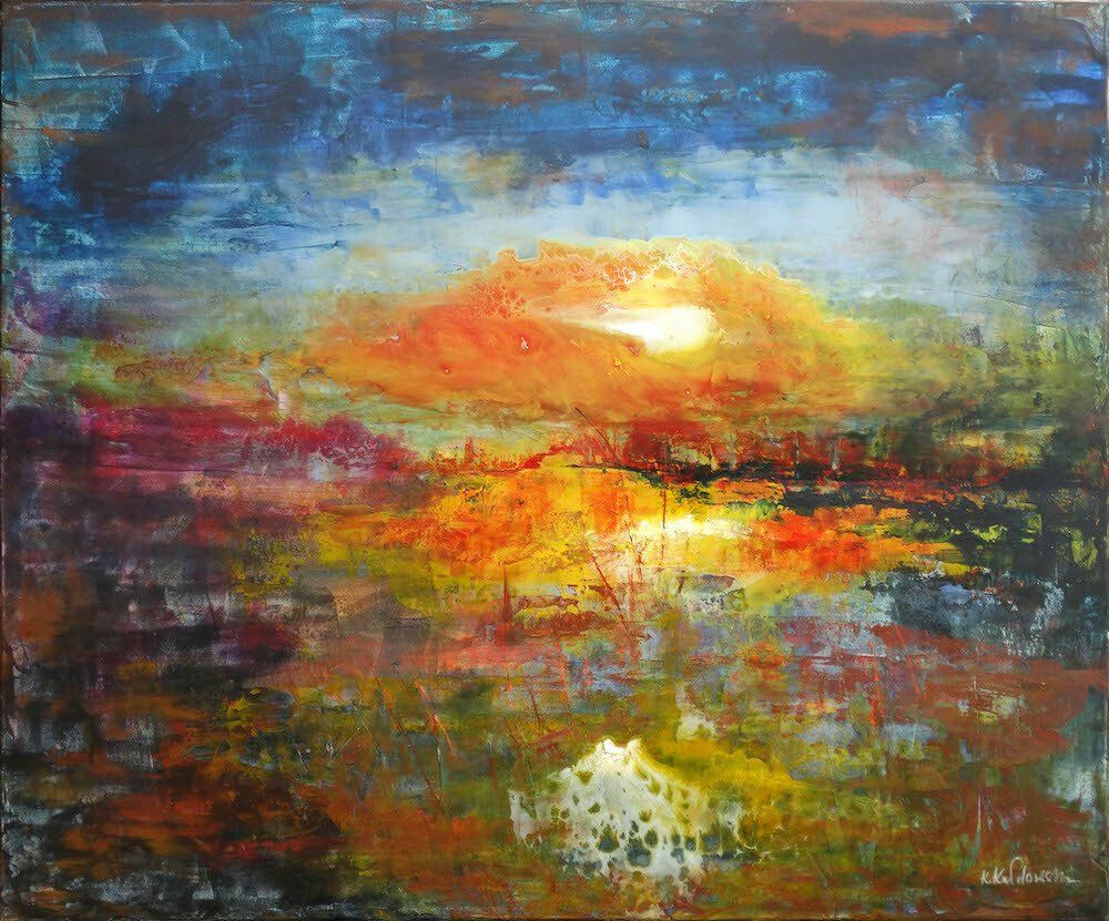 Abstract painting by Kasia Kaldowski — interplay of blue &  fiery orange on textured canvas, picture resenbling sunset.