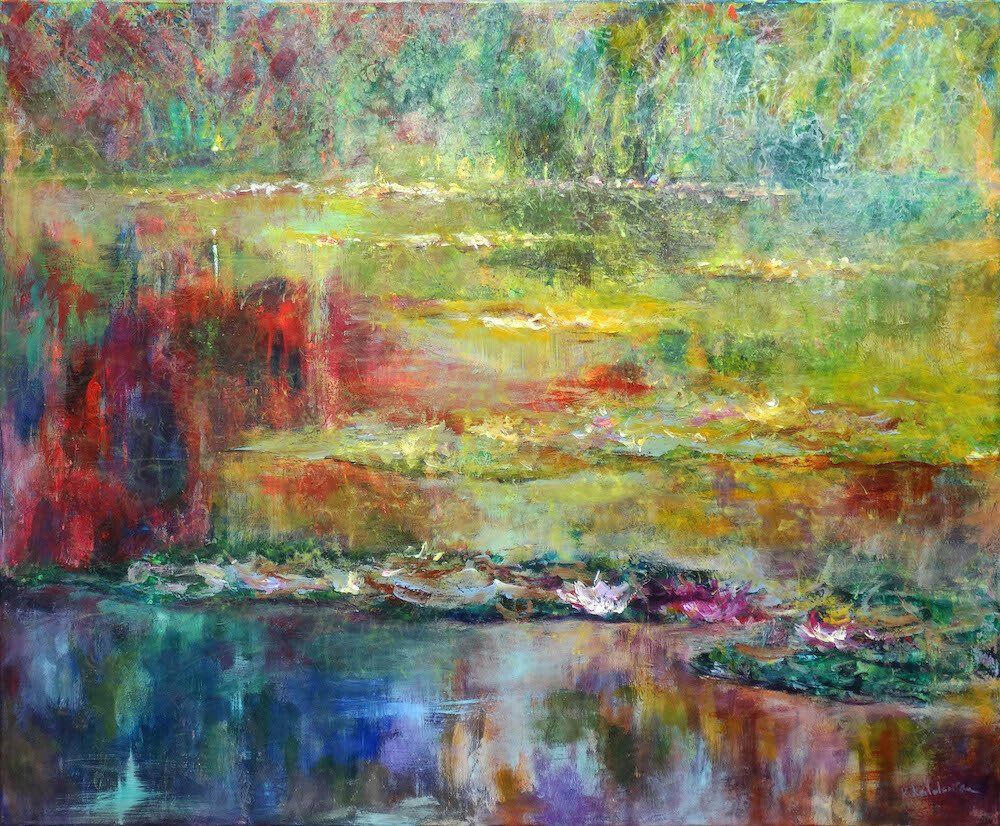 Waterlilies landscape painting “Monet and I” by Kasia Kaldowski — acrylic on canvas, 100 × 120 cm
