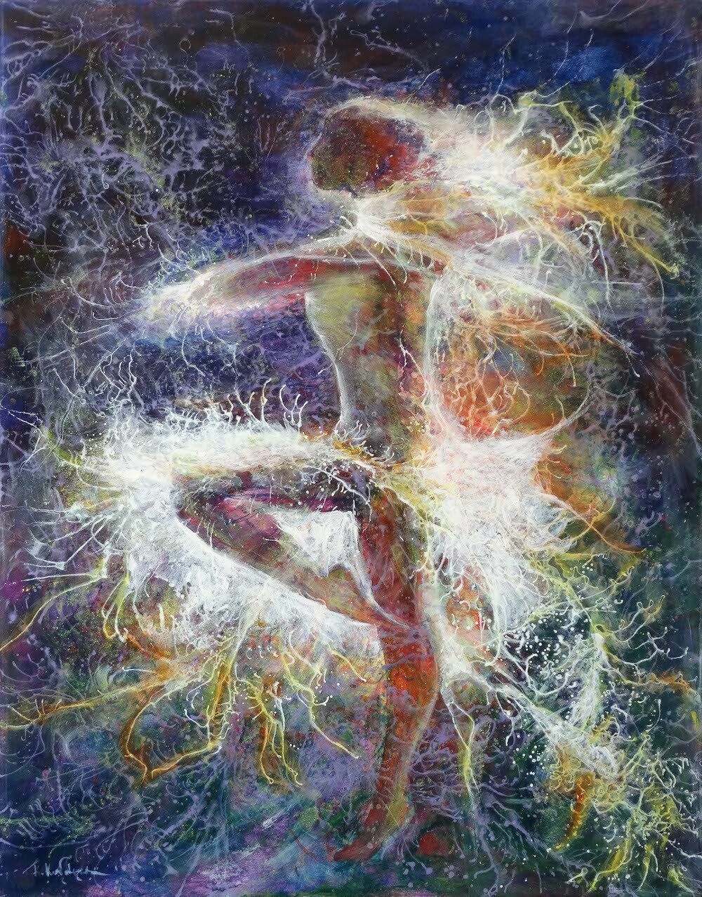 Dance Baby, Dance by Kasia Kaldowski — ballerina with light around her figure, figurative painting with movement