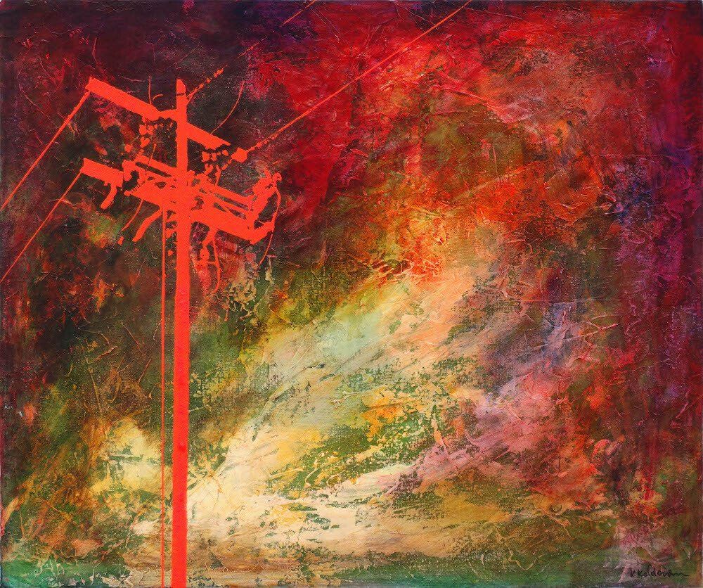 Expressionistic and striking painting by Kasia Kaldowski of a telegraph pole.