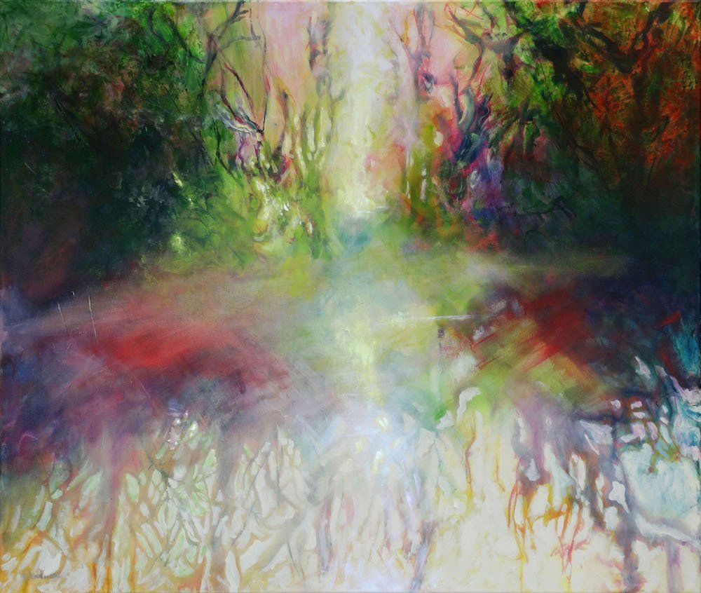 Misty landscape painting “Secret River” by Kasia Kaldowski — acrylic on canvas, 100 × 120 cm