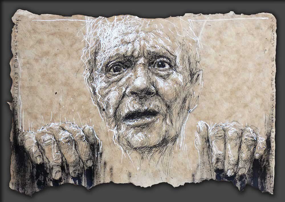 Pen and ink drawing of a dramatic man by Mariusz Kaldowski