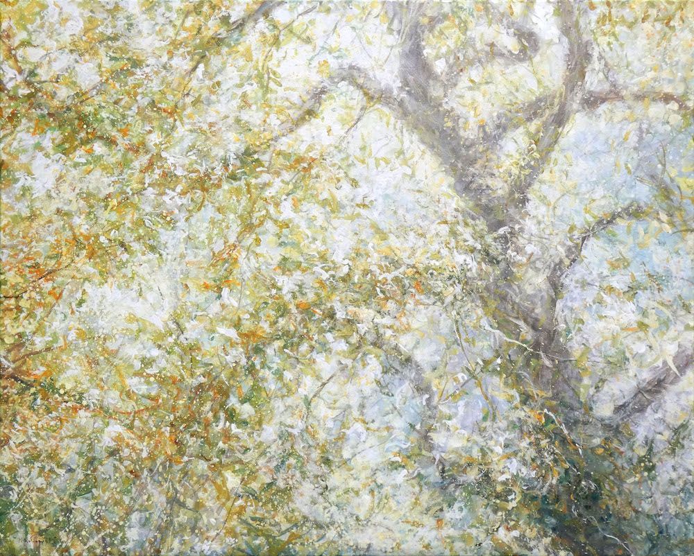 Shimmering – Painting by Mariusz Kaldowski, acrylic woodland artwork with a tree canopy shimmering in the light