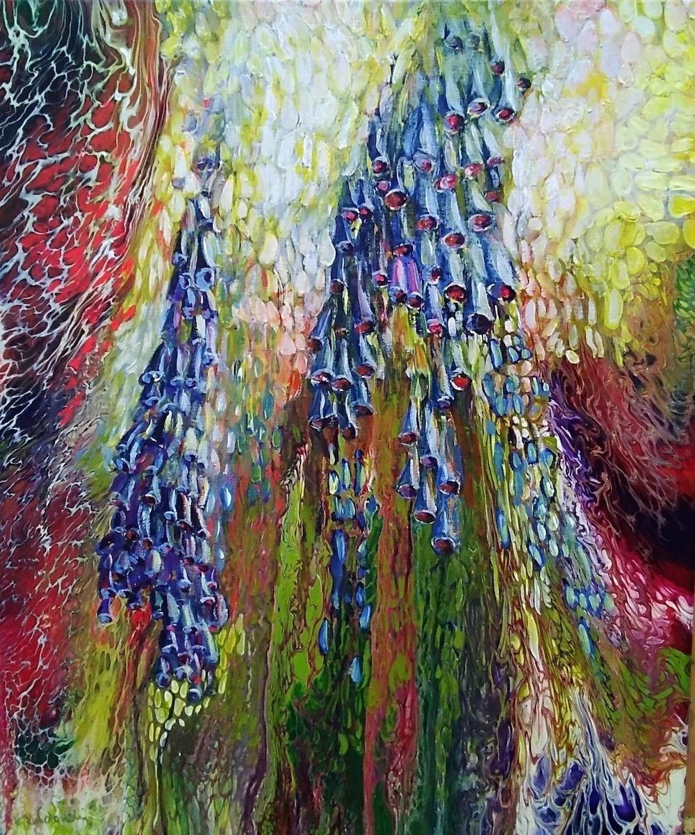 Foxgloves flowers painted over acrylic pouring background — commission by Kasia Kaldowski.