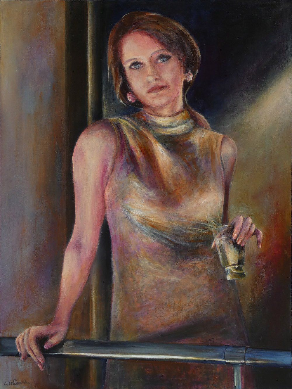 Reunion by Kasia Kaldowski — woman holding glass and looking forward, figurative painting in acrylic on canvas.